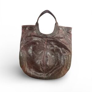 Sondra Roberts Brown/Maroon Leather Hobo Tote with Plaid Interior